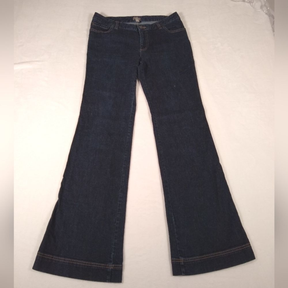 J. Jill Flare Leg Dark Wash Blue Coastal Cowgirl Stretch 6 Tall Gold Stitching